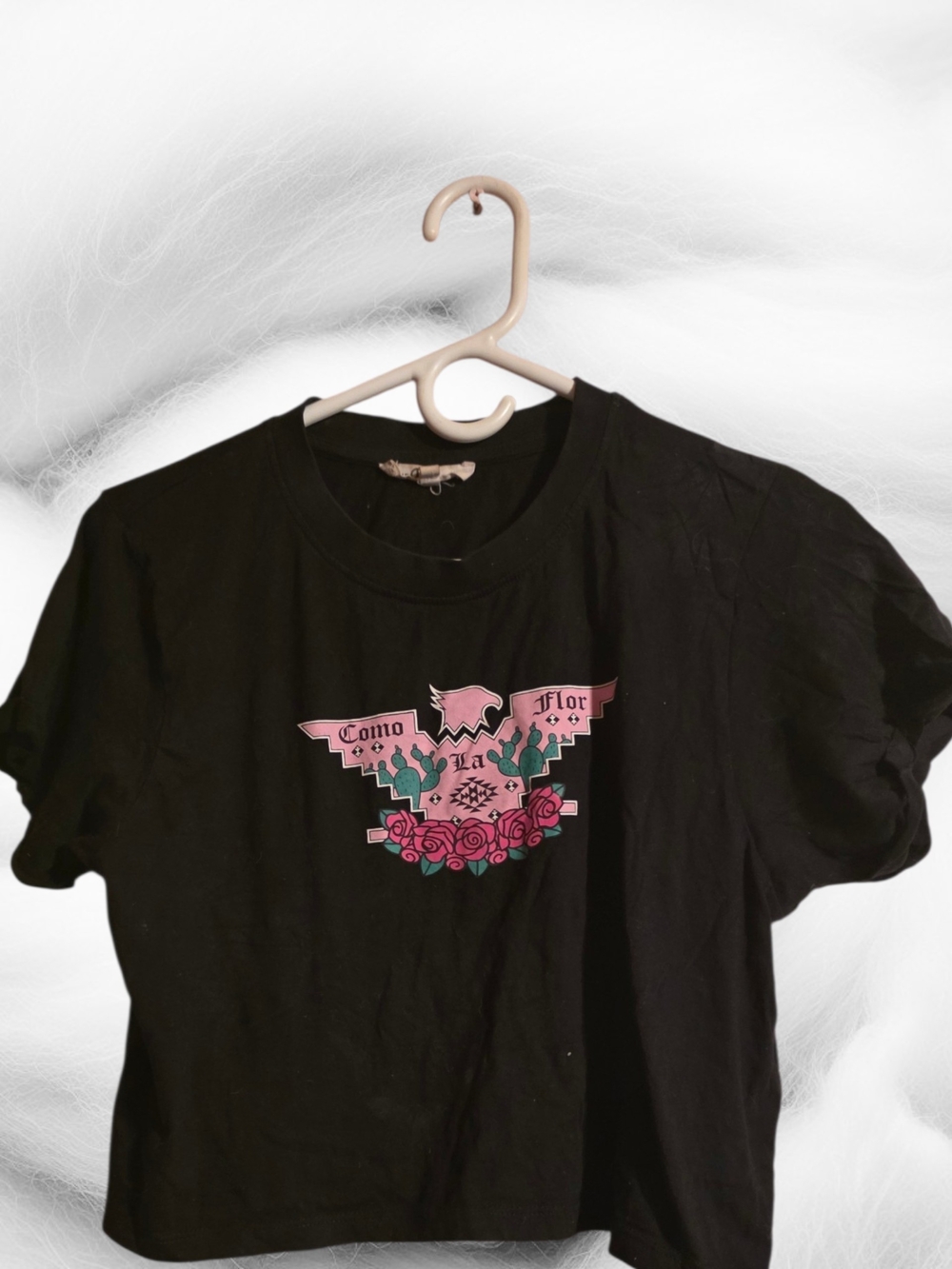 Black Crop Tee with Pink Floral Crest Graphic